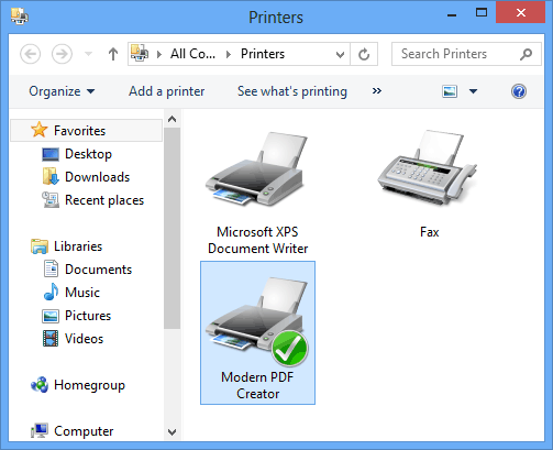 Modern PDF Creator printing preferences on Windows 8