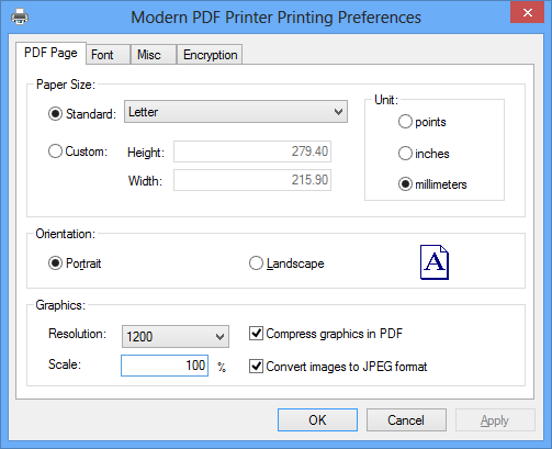 Modern PDF Printer printing preferences