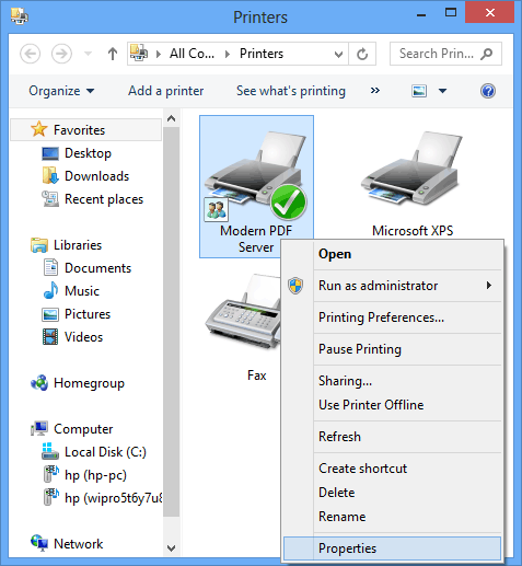 PDF Printer properties
