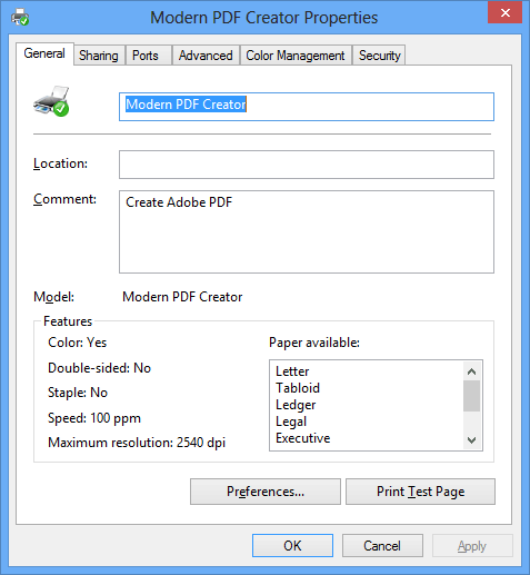 PDF Creator properties on Windows 8